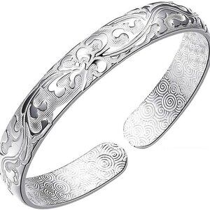 925 Sterling Silver Adjustable Open Cuff Bangle Jewelry for Women